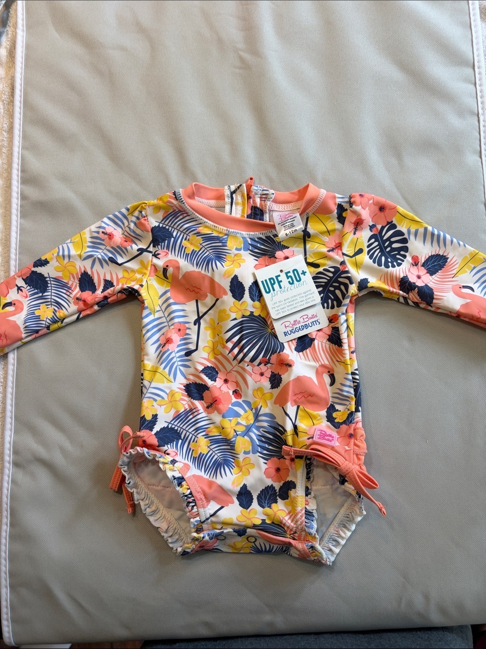 Ruffle Butts Coral, Yellow & Navy Flamingo Long-Sleeve Rashguard Swimsuit NWT